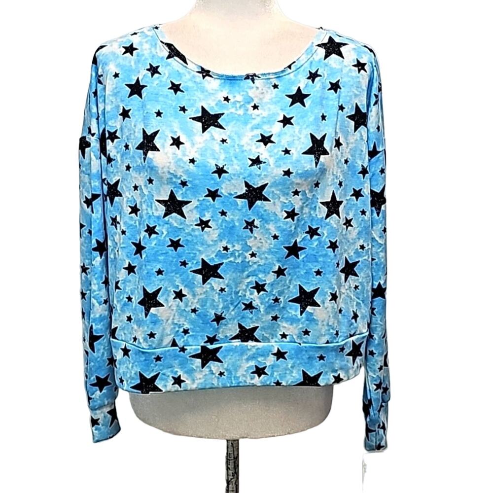 Jenni Intimates Sleep Top Made in USA Teal w/Black Stars Long Sleeve Sz M (NWT)